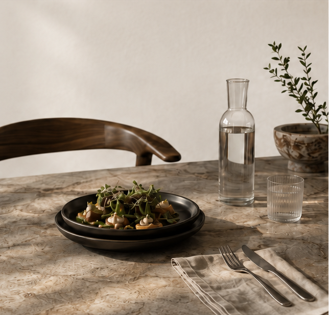 CASERO borddækning med mørke tallerkener, glas, linned og naturligt lys