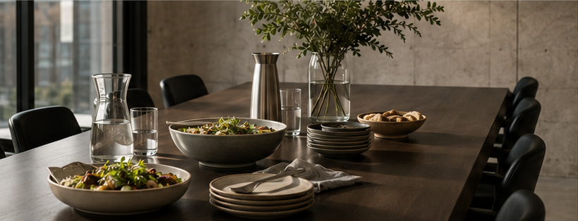 Mødebord dækket med CASERO måltider og service