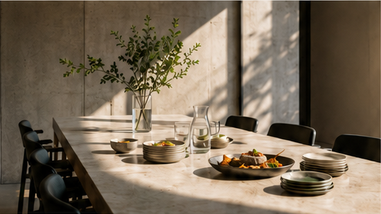 A refined workplace dining table prepared with plates, water, greenery, and shared dishes